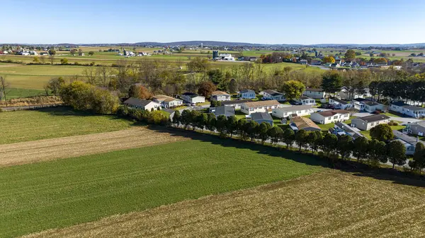 An Aerial View of a Mobile, Modulator, Prefab Home Park, in the Middle of Rural America, on a Sunny Spring Day
