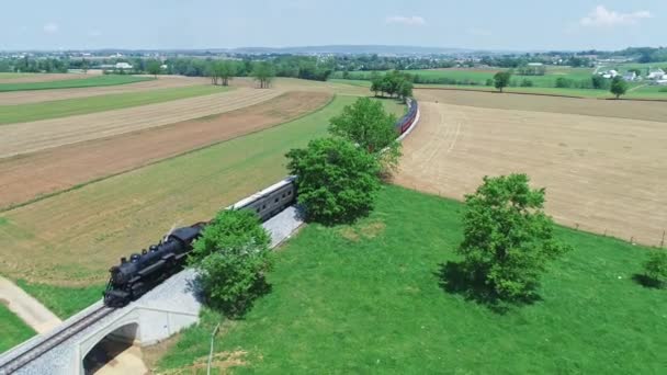 Ronks Pennsylvania May 2022 Aerial Ahead View Steam Passenger Train — Stock Video