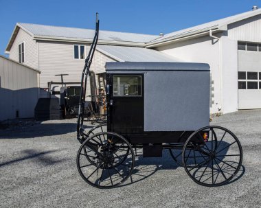 Güneşli bir günde satılmayı bekleyen, At Dışında Park Edilmiş Yeni Amiş Arabası 'nın yan görüntüsü.