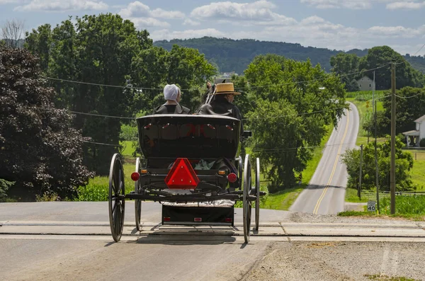 Ronks, Pennsylvania, USA, July 23, 2023 - A Rear View of an Amish Couple in an Open Horse and Buggy, Crossing RR Tracks Heading Down a Rural Road on a Sunny Summer Day