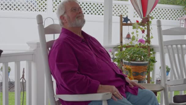 Senior Male Resting Rocking Chair Deck Enjoying His Retirement Autumn — Stock Video