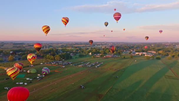 Élénk Hőlégballonok Flottája Emelkedik Gyengéden Meleg Naplemente Égboltjába Nyugodt Vidéki — Stock videók