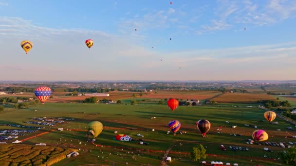 Widok Lotu Ptaka Kolorowe Balony Wznoszące Się Nad Spokojnym Krajobrazem — Wideo stockowe