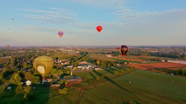 Αεροφωτογραφία Των Πολύχρωμων Αερόστατων Θερμού Αέρα Αυξάνεται Στον Πρωινό Ουρανό — Αρχείο Βίντεο