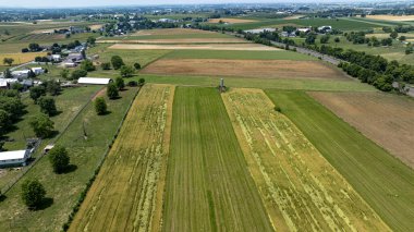 Canlı yeşil tarlalar ve yakın zamanda hasat edilen araziler de dahil olmak üzere yemyeşil tarım arazilerinin çeşitli parçalarını yakalayan geniş bir hava görüntüsü. Bu manzarada tarlaları ve yolları olan bir köy de yer alıyor.
