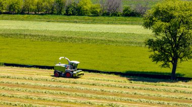 Çarpıcı bir hava görüntüsü verimli yeşil tarlalarda aktif olarak çalışan bir tarım biçicisini yakalıyor, berrak bir gökyüzünün altında canlı duran ekinlere karşı taze kesilmiş sıralara zıt..