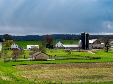 Beyaz binaları, ahırları ve çevresi yeşil otlaklarla çevrili iki uzun silosu olan, uzak ormanlık tepelere ve karanlık, fırtınalı gökyüzüne karşı kurulu, Resimli bir Çiftlik..