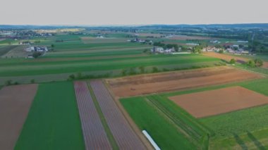 Gün batımında Pennsylvania kırsalında manzaralı bir çiftlik manzarası. Kamera geniş tarlaları, yuvarlanan tepeleri ve uzaklığı yakalar. Yüksek kalite 4k görüntü