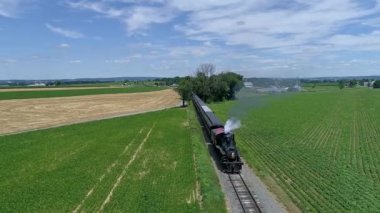 Ronks, Pennsylvania, ABD, 28 Haziran 2022 - Kırmızı çatılı bir buharlı tren, yemyeşil tarlalardan ve hasat alanlarından geçerek güneşli bir günde uzun ağaçların altından geçiyor.