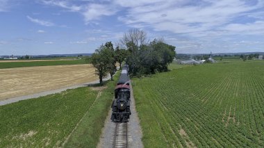 Parlak bir günde, verimli yeşil tarlalar ve ağaçlarla çevrili, demiryolu boyunca ilerleyen klasik bir buhar treni, kırsal hayatın manzarasını oluşturuyor..