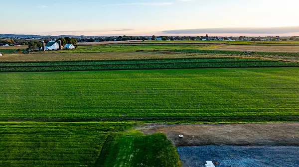 stock image Lush green fields stretch across the landscape as the sun sets, casting a warm glow over distant houses and the serene rural area, inviting a sense of peace and tranquility.