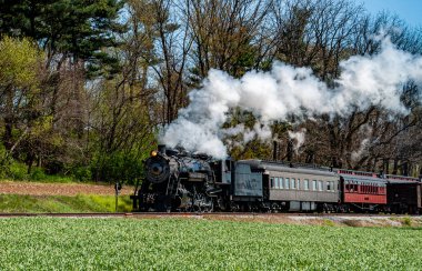 Klasik bir buhar lokomotifi, açık mavi gökyüzünün altında canlı yeşil alanlar ve ağaçlarla çevrili dar bir yol boyunca klasik yolcu vagonlarını çeker..