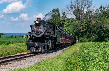 Ronks, Pennsylvania, 13 Temmuz 2022 - Klasik buhar treni parlak mavi bir gökyüzü altında canlı tarlalarda tıkırdıyor. Trenlerin siyah motoru, havaya yükselen dumanla yeşil araziye zıt düşüyor..