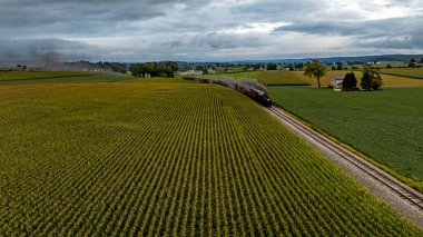 Bir buhar lokomotifi canlı yeşil alanlarla çevrili raylar boyunca tıkırdayarak nostaljik bir atmosfer yaratır. Gri bulutlar, kırsal çekiciliğini artırmak için yeryüzü boyunca eserken bir araya gelirler..