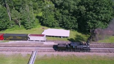 Cass, Batı Virginia, 18 Haziran 2022 Shay buharlı lokomotifi ağaçlarla dolu manzaralı bir alanda raylar boyunca birkaç yük vagonunun yanından geçiyor..