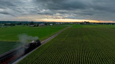 Kaliteli bir buhar treni, canlı yeşil alanlarla çevrili demiryolu rayları boyunca tıkınır. Gökyüzü, arka planda güneş batarken dramatik bulutlarla doludur. Resimli bir kırsal manzara yaratır..