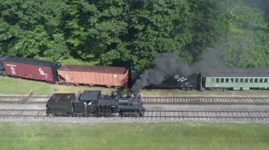 Cass, Batı Virginia, 18 Haziran 2022 - Ziyaretçiler, yemyeşil bir ormanda buharlı dumanların yoğun olduğu tarihi bir buhar treni olarak manzaralı bir tren yolu boyunca toplandılar. Heyecan tren gibi havayı dolduruyor.