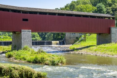 Kırmızı kaplı bir köprü, doğal güzelliği artırmak için sakin bir nehir boyunca uzanır. Yakınlarda, berrak mavi gökyüzünün altında canlı yeşilliklerle çevrili yumuşak bir şelale var..