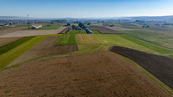 Geniş tarım arazileri ufuk boyunca uzanır ve öğle vakti açık mavi bir gökyüzü altında kahverengi, yeşil ve altın yama alanları sergiler. Traktörler ve çiftlik binaları manzarayı noktalıyor.