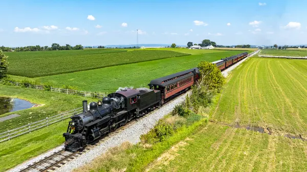 Vintage Buhar Treni Gündüzleri Kırsal Arazide Yeşiller Arasında Dolaşıyor. Yüksek kaliteli fotograf kaliteli buhar treni canlı yeşil alanlarla çevrili manzaralı bir pistte ilerliyor. Parlak