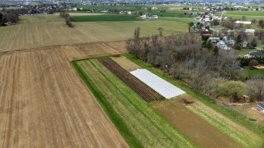 Geniş tarım arazileri düzgün sıralanmış ürün sıraları ve canlı yeşil yamalar içerir. Manzara, arka planda görünen uzak yapılarla aydınlık ve güneşli bir günü yansıtır..