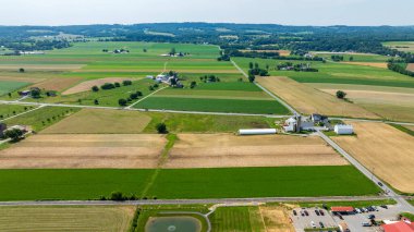 Manzara, açık mavi bir gökyüzü altında yeşilliklerin ve kahverengilerin çeşitli tonlarının yer aldığı, ekilmiş geniş bir tarım arazisini gösteriyor. Tarlalarda küçük çiftlik binaları ve yollar örülüyor..