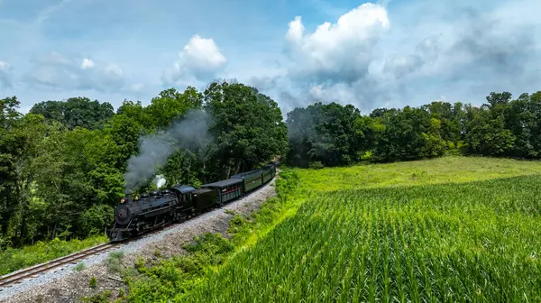 Tarihi bir buhar treni dolambaçlı bir yol boyunca tıkırdıyor. Etrafı yemyeşil tarlalar ve parlak mavi gökyüzünün altındaki ağaçlarla çevrili..