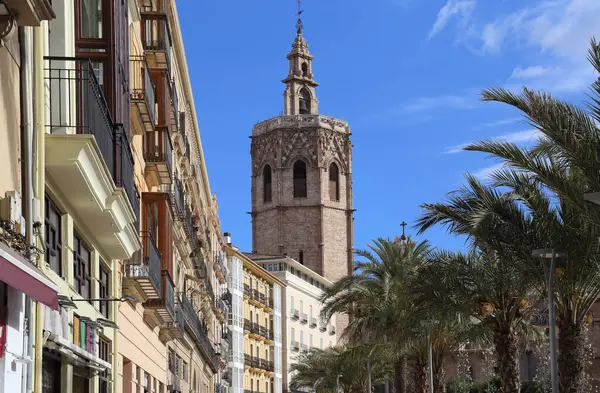 stock image Miiguelete tower of Valencia cathedral and residential buildings in Valencia, Spain