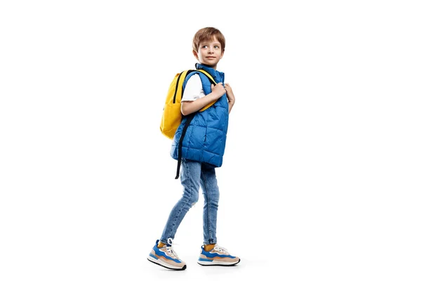 一个背着背包走在白色背景上的小男孩的全长照片 回学校去转头看 图库图片