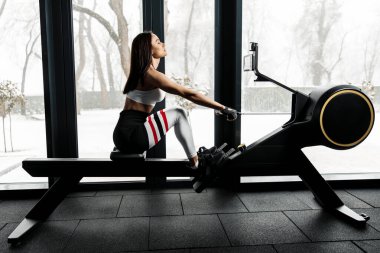 Pencerenin yanındaki spor salonunda kürek çeken zinde bir kadın. Fonksiyonel eğitim.