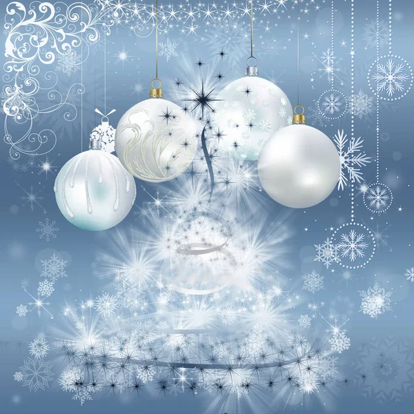 美しいモミの木 クリスマスボールとテキストのための場所とエレガントな光沢のある銀クリスマスの背景 グリーティングカードパーティー招待状 ストック画像