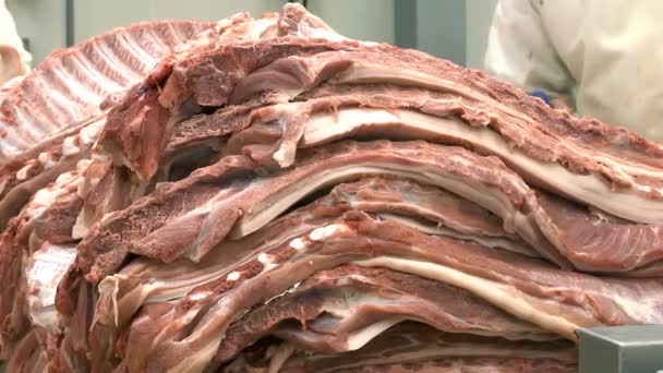 市場の準備における生の豚肉 肉業界の生肉加工労働者 — ストック動画