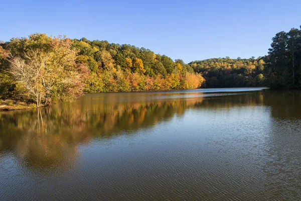 Pretty fall colors reflect onto  a shimmering lake at a North Georgia park.