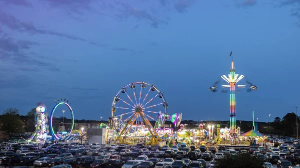Elevated View Shows Wide Shot Colorful Lights Carnival Midway Rides — Stock Photo, Image