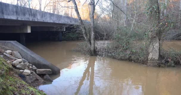 Águas Inundação Riacho Movem Sob Uma Ponte Espaço Verde Recreativo — Vídeo de Stock