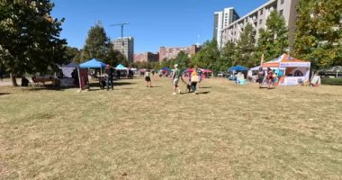 Hiperlapse videosu parkta hareket ediyor. Cadılar Bayramı temalı köpek festivaline köpekli insanları katılıyor.. 