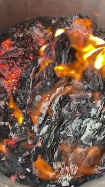 Vertical Video Shows Slow Motion Ashes Embers Created Burning Paper — Stock Video