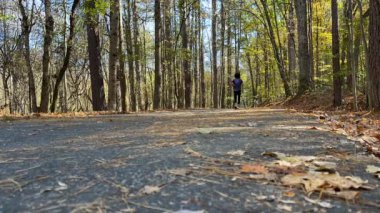 Dacula, GA / USA 13 Kasım 2023: Zaman çizelgesi, insanların Gürcistan 'ın kuzeyindeki bir halk parkındaki sık bir orman boyunca asfalt bir patika boyunca hareket ettiklerini gösteriyor..