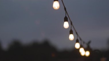Bir güvertede asılı dekoratif Edison ampullerinden oluşan bir ip alacakaranlık gökyüzüne doğru parlıyor..