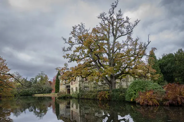 İngiltere 'deki Scotney Kalesi' nde sonbahar renkleri ve su yansımaları