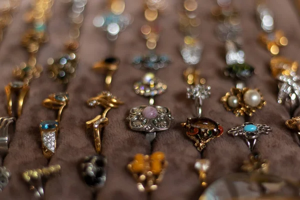 Retro jewelry at the vintage market. Close up.