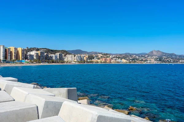 Stock image MALAGA, SPAIN - APRIL 9, 2023: Panoramic view of Malaga coastline, beach Malageta in Malaga, Spain on April 9, 2023