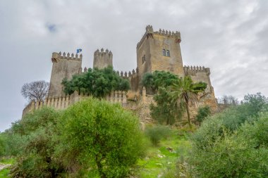 ALMODOVAR DEL RIO, SPAIN - FERBUARY 12, 2023: Almodovar kalesi (Castillo de Almodvar del Ro), 12 Şubat 2023 tarihinde İspanya 'nın Almodovar del Rio kentinde Müslümanların kalesi.