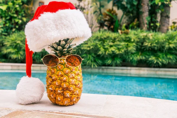 Abacaxi Engraçado Usando Óculos Sol Chapéu Papai Noel Contra Piscina — Fotografia de Stock