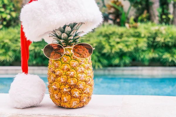 Abacaxi Engraçado Usando Óculos Sol Chapéu Papai Noel Contra Piscina — Fotografia de Stock