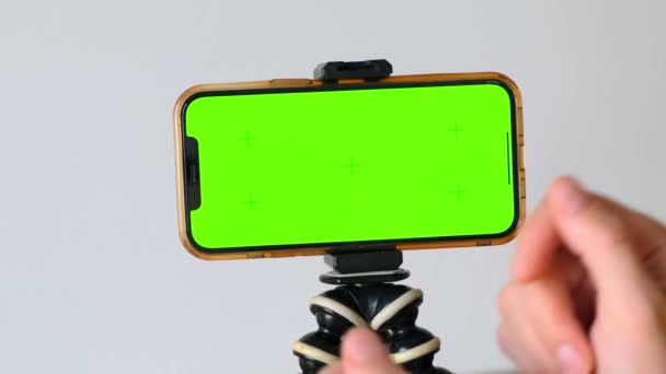 Close Gesturing Hands Green Screen Phone Motion Tracking Markers Smartphone — Stock Video