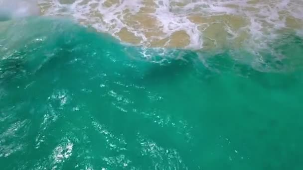 紺碧の海水で美しい砂浜のトップビュー 波伝播 ドローンカメラからの空中ショット 人々は海岸を歩いている 4K映像だ 旅行だ ケリングキングビーチヌサペニダ インドネシア — ストック動画