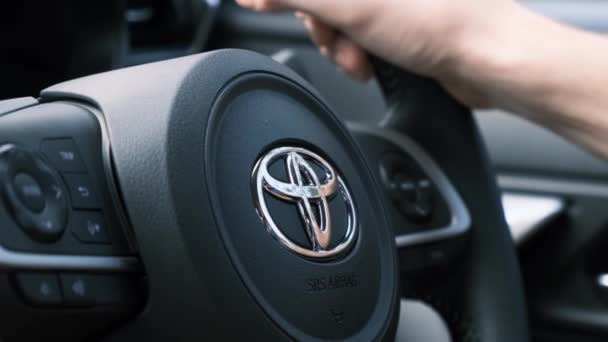 Toyota Logo Black Steering Wheel Car Close Hand Steering Wheel — Stock Video