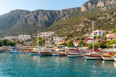 Kas, Antalya, Türkiye - 7 Ağustos 2024: Deniz kenarında demirlemiş ve yolcu bekleyen günlük tekne turları. Kas limanı ve Kas şehri ve arka planda dağ.