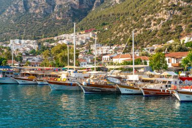 Kas, Antalya, Türkiye - 7 Ağustos 2024: Deniz kenarında demirlemiş ve yolcu bekleyen günlük tekne turları. Kas limanı ve Kas şehri ve arka planda dağ.